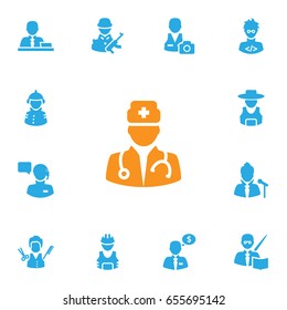 Set Of 13 Position Icons Set.Collection Of Stylist, Vocalist, Rancher And Other Elements.