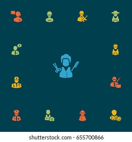 Set Of 13 Position Icons Set.Collection Of Working, Fireman, Producer And Other Elements.