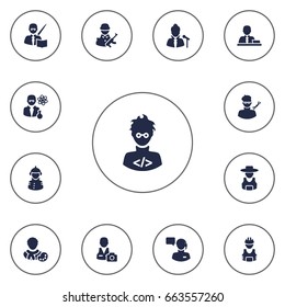 Set Of 13 Position Icons Set.Collection Of Coder, Leaner, Producer And Other Elements.