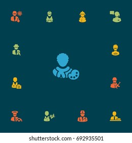 Set Of 13 Position Icons Set.Collection Of Military, Journalist, Scholarly And Other Elements.