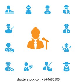 Set Of 13 Position Icons Set.Collection Of Fireman, Vocalist, Leaner And Other Elements.