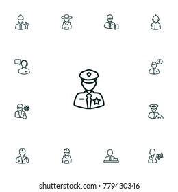 Set Of 13 Position Outline Icons Set.Collection Of Singer, Scientist, Worker And Other Elements.