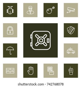 Set Of 13 Procuring Outline Icons Set. Collection Of Lock, Hand , Parasol Elements.