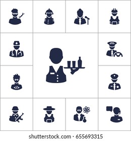 Set Of 13 Professions Icons Set.Collection Of Vocalist, Military, Medic And Other Elements.
