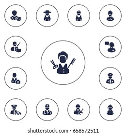 Set Of 13 Professions Icons Set.Collection Of Actor, Medic, Driver And Other Elements.