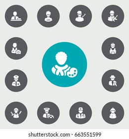 Set Of 13 Professions Icons Set.Collection Of Planner, Coder, Journalist And Other Elements.