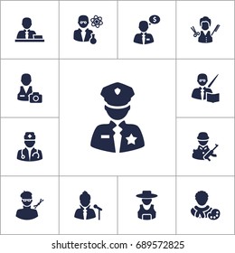 Set Of 13 Professions Icons Set.Collection Of Cameraman, Planner, Vocalist And Other Elements.