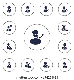 Set Of 13 Professions Icons Set.Collection Of Rancher, Officer, Leaner And Other Elements.