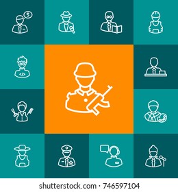 Set Of 13 Professions Outline Icons Set.Collection Of Policeman, Worker, Soldier And Other Elements.