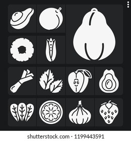 Set of 13 raw filled icons such as papaya, avocado, corn, orange, peach, spinach, basil, onion, strawberry, apple, shallot