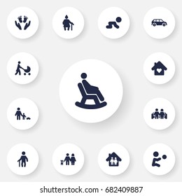 Set Of 13 Relatives Icons Set.Collection Of Family In Home, Father With Son, Perambulator And Other Elements.