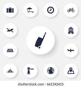 Set Of 13 Relax Icons Set.Collection Of Chaise Longue, Suitcase, Planet And Other Elements.
