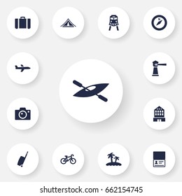 Set Of 13 Relax Icons Set.Collection Of Bike, Aircraft, Suitcase And Other Elements.