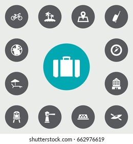 Set Of 13 Relax Icons Set.Collection Of Bike, Palm, Suitcase And Other Elements.