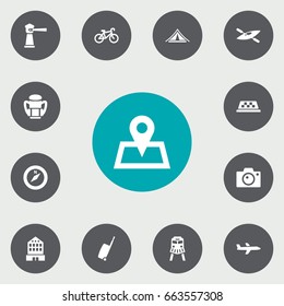 Set Of 13 Relax Icons Set.Collection Of Rucksack, Building, Seamark And Other Elements.