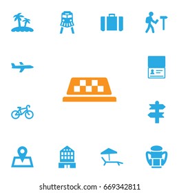 Set Of 13 Relax Icons Set.Collection Of Bike, Suitcase, Rucksack And Other Elements.