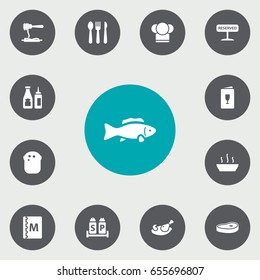 Set Of 13 Restaurant Icons Set.Collection Of Tuna, Baguette, Registered And Other Elements.
