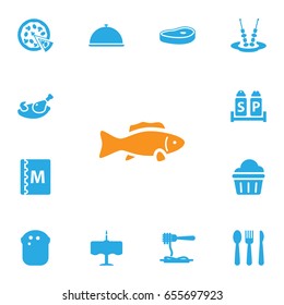 Set Of 13 Restaurant Icons Set.Collection Of Tray, Sweet, Condiments And Other Elements.