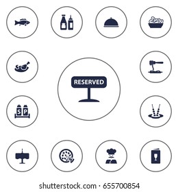 Set Of 13 Restaurant Icons Set.Collection Of Tray, Alcohol, Canape And Other Elements.