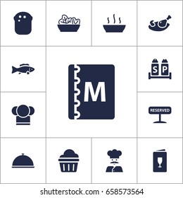 Set Of 13 Restaurant Icons Set.Collection Of Book, Baguette, Alcohol And Other Elements.