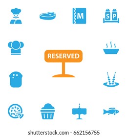 Set Of 13 Restaurant Icons Set.Collection Of Chef, Dinner Desk, Tuna And Other Elements.
