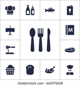 Set Of 13 Restaurant Icons Set.Collection Of Meat, Alcohol, Book And Other Elements.
