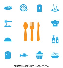 Set Of 13 Restaurant Icons Set.Collection Of Silverware, Vermicelli, Meat And Other Elements.