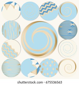 Set of 13 Round templates, Modern abstract style in SEA style, Blue - White - Golden Colors