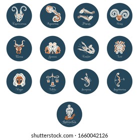 Set of 13 round zodiac signs with Latin names Capricornus, Aguarius, Pisces, Aries, Taurus, Gemini, Cancer, Leo, Virgo, Libra, Scorpius, Sagittarius and Ophiuchus. Vintage icons and buttons. Vector.