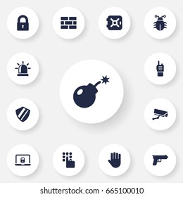 Set Of 13 Safety Icons Set.Collection Of Alarm, Protection, Virus And Other Elements.