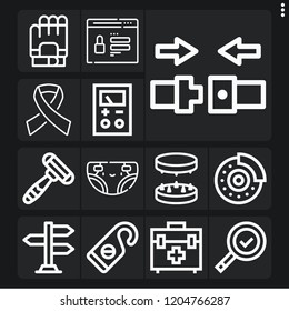 Set of 13 safety outline icons such as inspection, disc brake, road sign, voltage, grinder, seatbelt, password, diaper, doorknob, gloves, first aid kit, razor