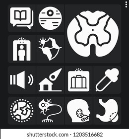 Set of 13 science filled icons such as stomach, neuron, salivary glands, spinal cord, worldwide, meteorite, iceberg, death star, scan, eyedropper, sound