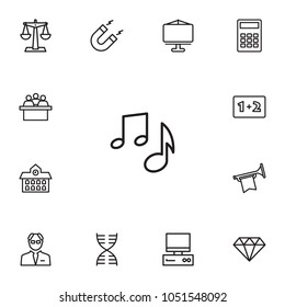 Set of 13 science icons line style set. Collection of music note, presentation, magnet and other elements.