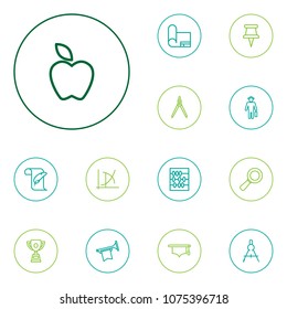 Set of 13 science icons line style set. Collection of magnifier, competition, graduate and other elements.