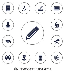 Set Of 13 Science Icons Set.Collection Of Magnet Navigator, Reading, Rucksack And Other Elements.