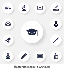 Set Of 13 Science Icons Set.Collection Of Microbiology, Academic Hat, Flask And Other Elements.