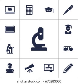Set Of 13 Science Icons Set.Collection Of Binoculars, Microbiology, Drawing Tool And Other Elements.