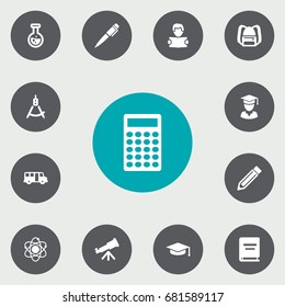 Set Of 13 Science Icons Set.Collection Of Calculate, Rucksack, Textbook And Other Elements.