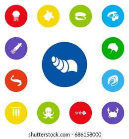 Set Of 13 Seafood Icons Set.Collection Of Sink, Japanese Roll, Devilfish And Other Elements.