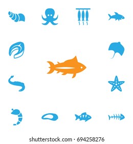 Set Of 13 Seafood Icons Set.Collection Of Remains, Clam, Smoked And Other Elements.
