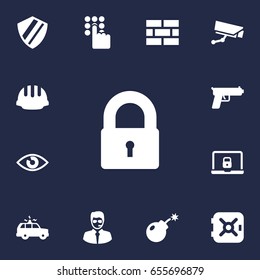 Set Of 13 Security Icons Set.Collection Of Strongbox, Dynamite, Key And Other Elements.