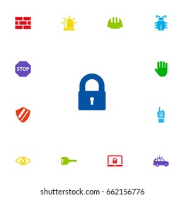 Set Of 13 Security Icons Set.Collection Of Alarm , Hardhat, Hand Elements.