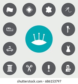 Set Of 13 Sewing Icons Set.Collection Of Meter, Cutter, Embroidered And Other Elements.