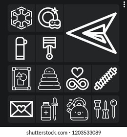 Set of 13 shiny outline icons such as push pin, pistons, dish, frame, shock absorber, sith, green arrow, thermo, teapot, eternity, drop, rings