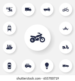 Set Of 13 Shipping Icons Set.Collection Of Streetcar, Lorry, Hatchback And Other Elements.