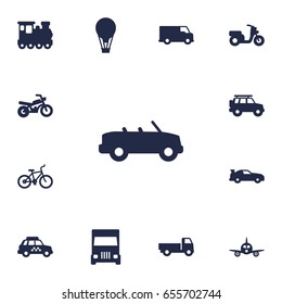 Set Of 13 Shipping Icons Set.Collection Of Wagon, Cabriolet, Lorry And Other Elements.