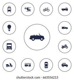 Set Of 13 Shipping Icons Set.Collection Of Cabriolet, Truck, Copter And Other Elements.
