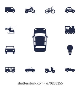 Set Of 13 Shipping Icons Set.Collection Of Motorbike, Caravan, Panorama And Other Elements.