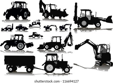 Set of 13 silhouettes of a tractors of road service