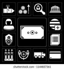 Set Of 13 simple editable icons such as Money, Cit card, Delivery truck, Target, Testing, List, Tag, Worldwide, User on black background
